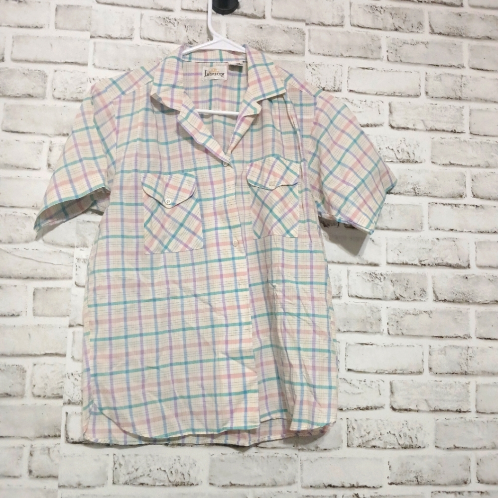 Vintage Linnay Womens Pastel Plaid Pocket Short Sleeve Button-up Top Size 14